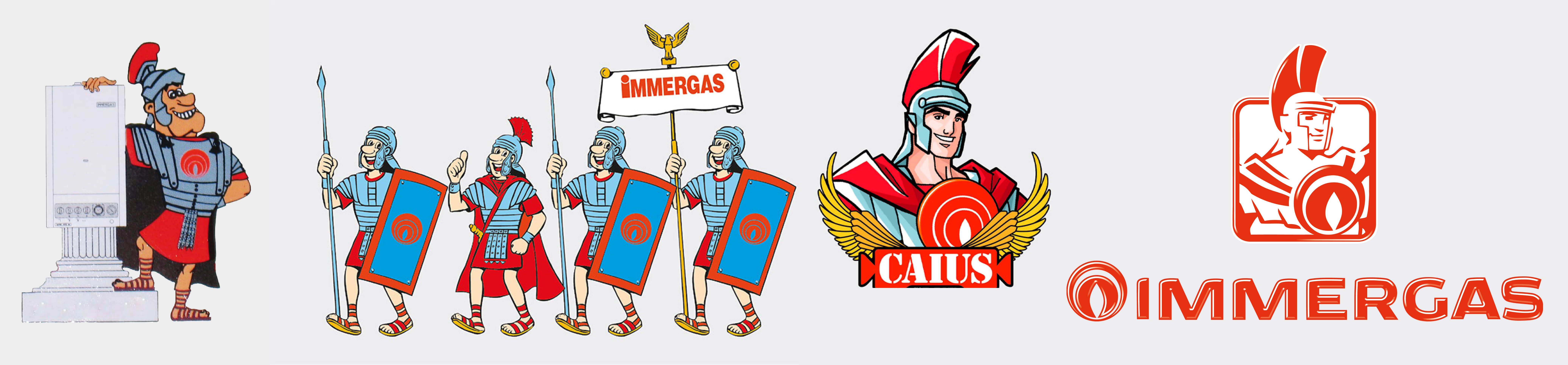 Evolución de la imagen de Caius Camillus hasta el logotipo actual de Immergas.