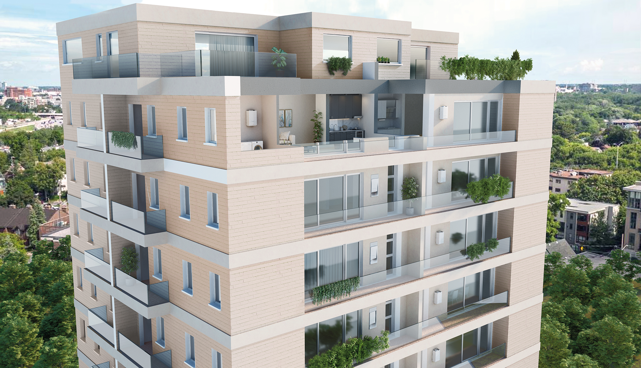 Edificio residencial en altura con Victrix extra en cada apartamento.