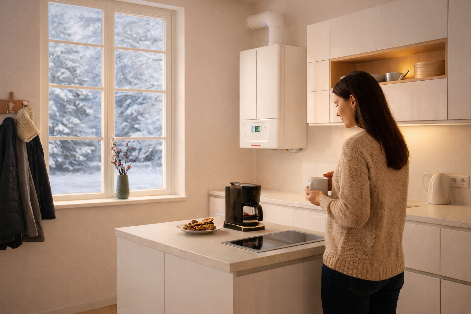 Mujer despreocupada por el consumo de su caldera en invierno, con Immergas.
